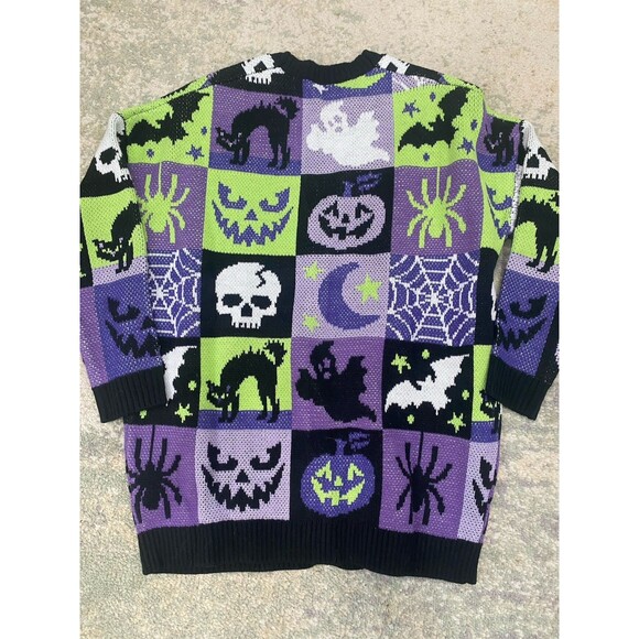 Dolls Kill  Size XXS TRICKZ N' TREATZ SPOOKED STRAIGHT OVERSIZED CARDIGAN 💚💜 - Picture 2 of 8